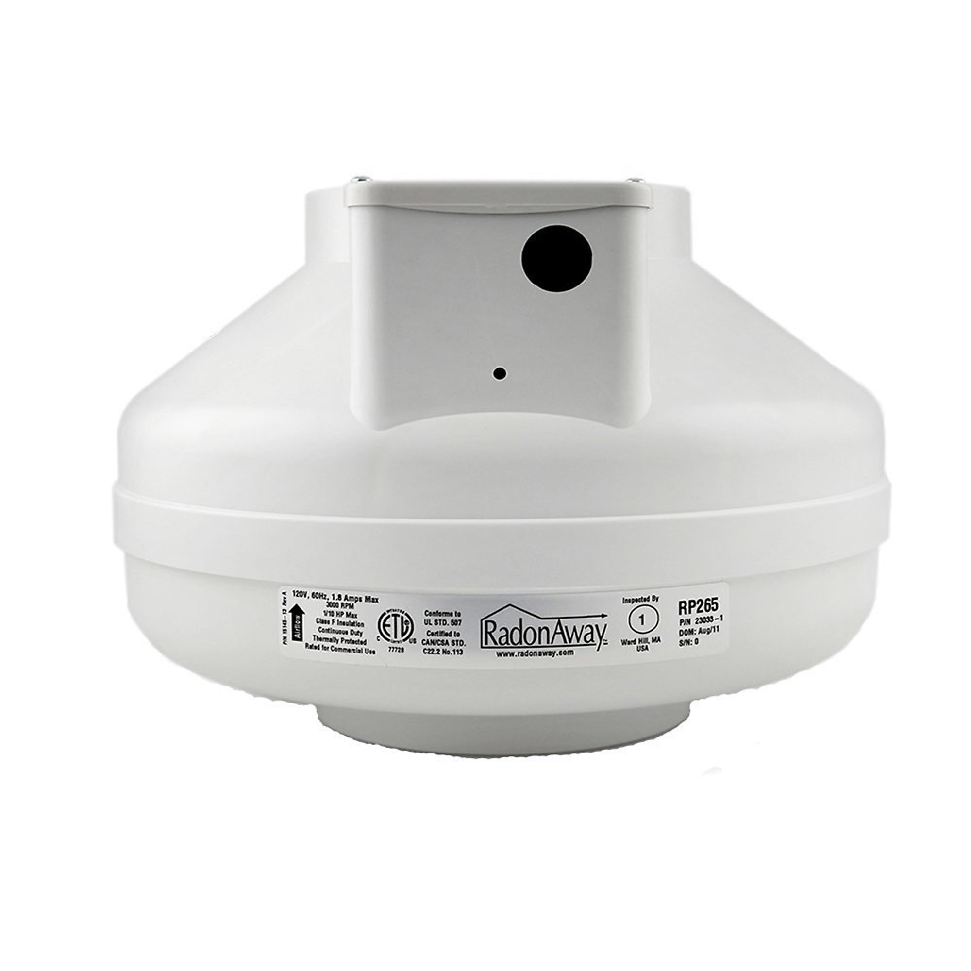 HomeAire, 6in., 326 CFM Radon Mitigation Fan, Drive Type Direct, Fan Diameter 6 in, Air Delivery 326 cfm, Model# RN265